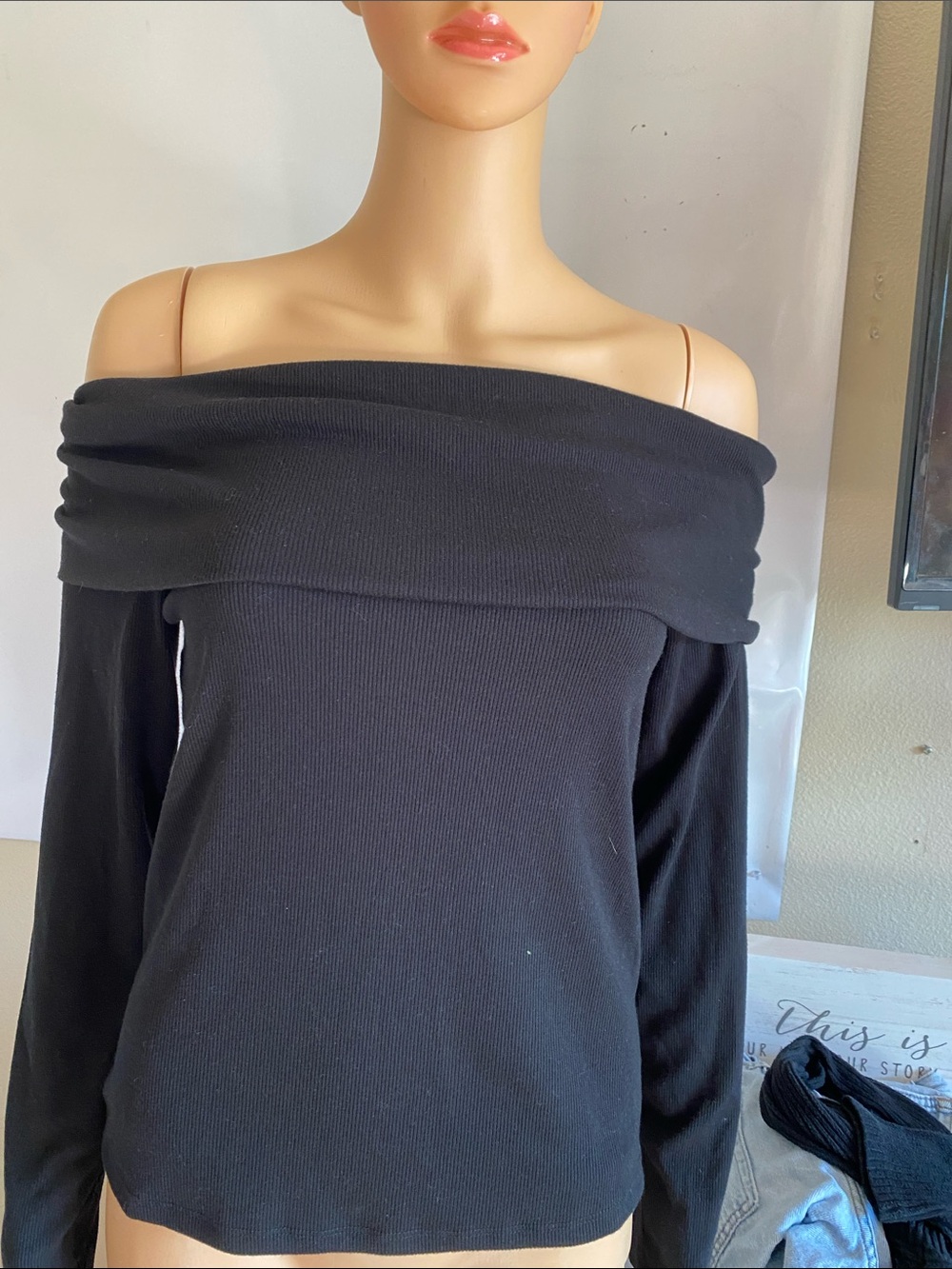 SO Black Off-the-Shoulder Ribbed Sweater